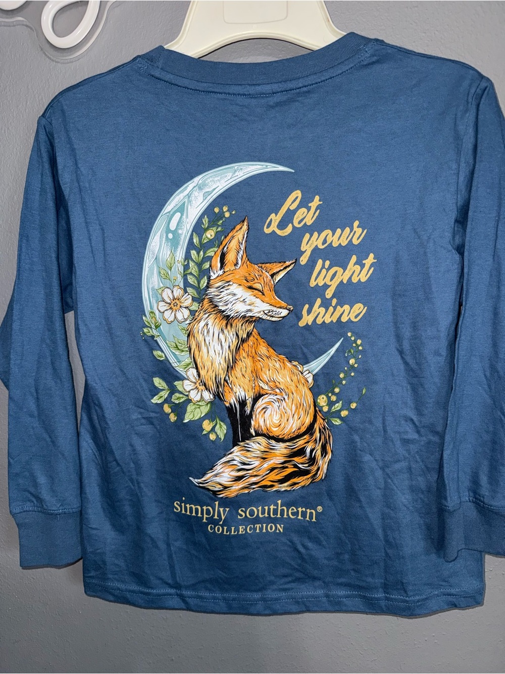 Simply Southern Blue Long Sleeve Tee with Orange Fox and Yellow Script